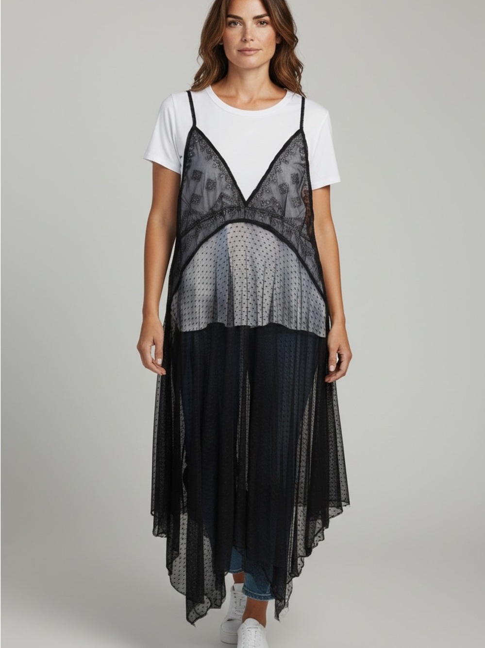 Oli & Hali Black Sheer Dotted Mesh Slip Tunic